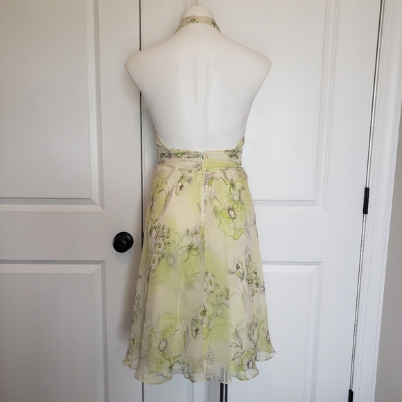 David Meister Yellow Green Silk Floral Halter Ruffle 90s Y2K Dress 4 - Picture 7 of 12
